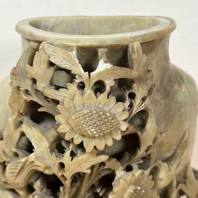 CARVED SOAPSTONE VASE  |
Chinese soapstone vase with carved reticulated floral decoration with birds - l. 8-1/2 x w. 4 x h. 9 in.