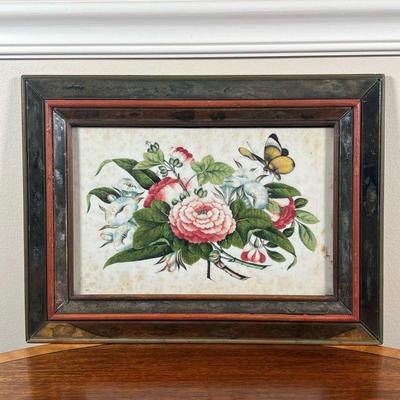 ANTIQUE WATERCOLOR STILL LIFE  |
Showing flowers and insects painted on white paper in a beveled mirror frame - w. 11.5 X h. 7.5 in....