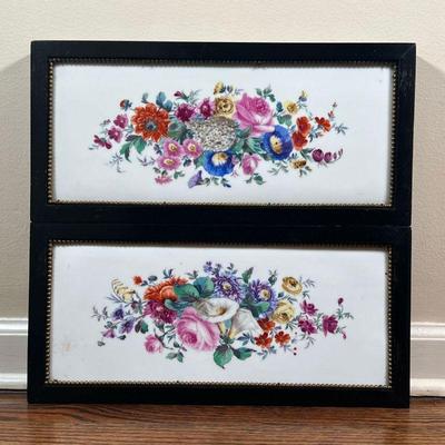 (2pc) PAIR PAINTED PORCELAIN PLAQUES  |
Showing a spray of various colorful flowers on a white ceramic background - w. 17 x h. 8 in....