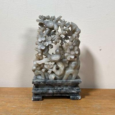 CHINESE SOAPSTONE CARVING  |
Showing birds among flowering branches, on a plinth - h. 7 in.