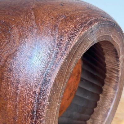 JAPANESE WOOD BOWL  |
Incredible bowl of nicely figured wood, hand carved, with copper insert - h. 9-1/2 x dia. 11-1/2 in.
