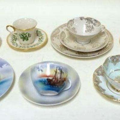 1156	GROUP OF 9 ASSORTED TEACUPS & SAUCERS, ONE TEACUP W/SMALL RIM CHIP
