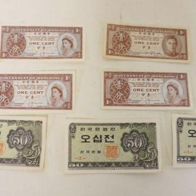 1186	LOT OF HONG KONG & KOREAN MONEY, 3-50 JEON NOTES, 4 ONE CENT HONG KONG NOTES
