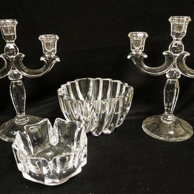 1271	GLASS LOT INCLUDING 2 SIGNED ORREFORS BOWLS & PAIR OF CADELABRAS APPROXIMATELY 13 IN HIGH
