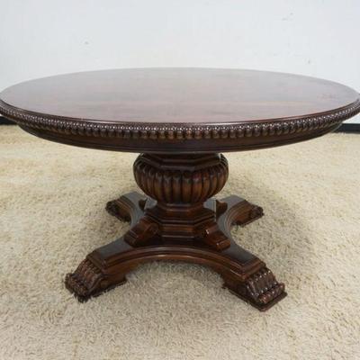 1111	ROUND PEDESTAL DINING ROOM TABLE W/PARQUETRY TOP & 4 QUARTER ROUND EXTENSIONS EACH APPROXIMATELY 10 IN, 58 IN ROUND
