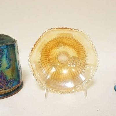 1045	GLASS LOT W/CARNIVAL BOWL, COVERED CANISTER & BLUE PRESSED GLASS BELL
