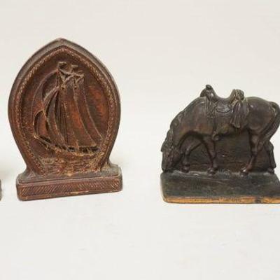 1028	2 PAIRS OF BOOKENDS, CAST METAL HORSES W/SADDLES GRAZING & SYROCO WOOD SAILING SHIPS, LARGEST IS APPROXIMATELY 7 IN HIGH
