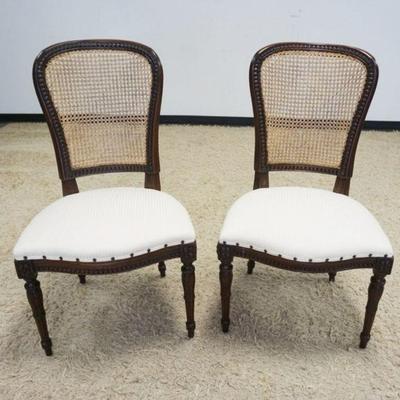 1094	PAIR OF COMTEMPORARY CONTINETAL CANED BACK OCCASSIONAL CHAIRS W/UPHOLSTERED SEATS, SOME STAINING

