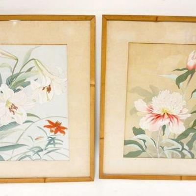 1011	PAIR OF ASIAN CHARACTER SIGNED WATER COLORS OF FLOWERS, APPROXIMATELY 16 IN X 22 IN OVERALL
