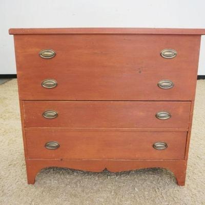 1129	ANTIQUE MULE CHEST W/2 DRAWERS IN RED, REPAIRS TO FEET & LIFT TOP, APPROXIMATELY 44 IN X 19 IN X 40 IN
