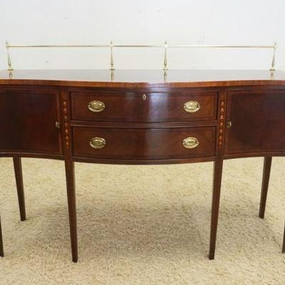 1085	ETHAN ALLEN SIDEBOARD W/BELL FLOWER INLAID LEGS & BANDED TOP W/BRASS GALLERY, APPROXIMATELY 66 IN X 21 IN X 45 IN HIGH
