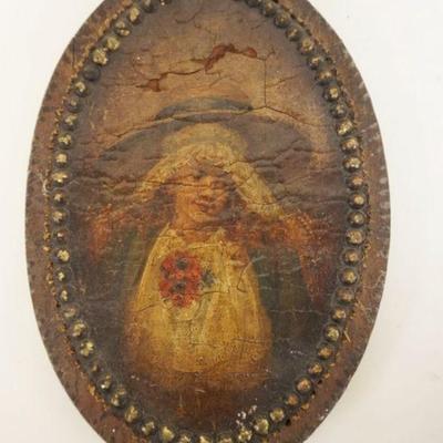 1049	ANTIQUE OIL PAINTING ON CANVAS OF WOMAN, ATTACHED TO OVAL BOARD, APPROXIMATELY 7 IN X 10 IN
