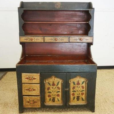 1132	ANTIQUE PAINT DECORATED MORAVIAN STYLE 2 PART HOODED DRY  SINK, APPROXIMATELY 48 IN X 21 IN X 71 IN
