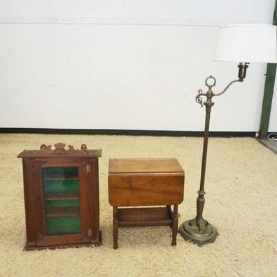 1071	3 PIECE LOT W/OAK MEDICINE CHEST, FLOOR LAMP & DROP LEAF CHAIR SIDE TABLE, LOWER RIGHT MOLDING MISSING ON MEDICINE CHEST
