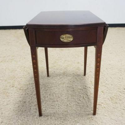1105	ETHAN ALLEN MAHOGANY DROP LEAF TABLE W/ONE DRAWER & BELL FLOWER INLAID LEGS, APPROXIMATELY 28 IN X 20 IN X 28 IN HIGH, 10 IN DROPS
