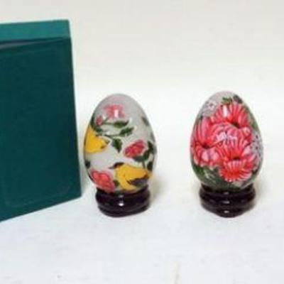 1165	GROUP OF 5 HAND PAINTED  GLASS EGGS, NUMBERED & SIGNED ON STANDS, APPROXIMATELY 3 1/2 IN
