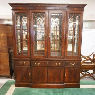 1082	ETHAN ALLEN BREAKFRONT W/INTERIOR LIGHTS, MIRROR BACK, BANDED & INLAID DOORS, APPROXIMATELY 69 IN X 15 IN X 83 IN HIGH
