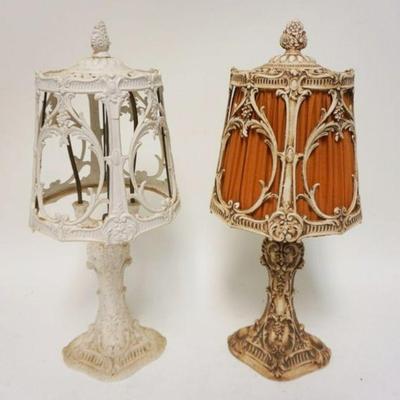 1029	PAIR OF ORNATE CAST METAL BOUDOIR LAMPS, BOTH NEED TO BE REWIRED & ONE MISSING CLOTH LINING, APPROXIMATELY 16 IN HIGH
