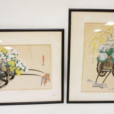 1012	PAIR OF ASIAN CHARACTER SIGNED WATER COLORS OF FLOWERS IN RICKSHAWS, APPROXIMATELY 17 IN X 21 IN
