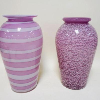 1263	2 LARGE COMTEMPORARY ART GLASS VASES, PINK CASED SWIRL & SPATTER, TALLEST IS APPROXIMATELY 15 1/2 IN
