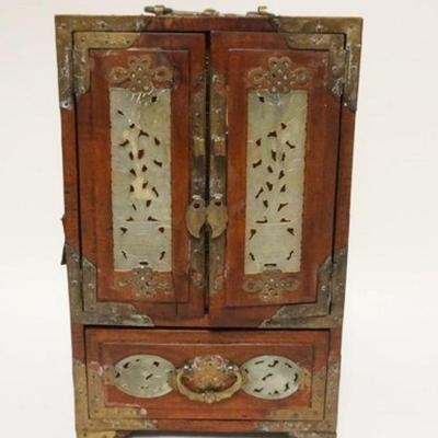 1002	ASIAN JEWELRY BOX W/CARVED JADE PANELS & ORNATE BRASS TRIM, APPROXMATELY 6 IN X 8 IN X 12 1/2 IN HIGH
