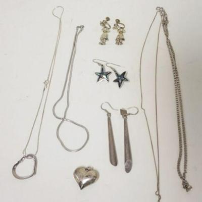 1220	STERLING SILVER JEWELRY LOT INCLUDING 2 HERT PENDANTS, 3 PRS EARRING 1 MARKED ARIA MEXICO AND 2 CHAINS, 1.56 TOZ
