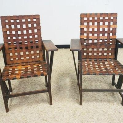 1119	2 UNUSUAL ARTS & CRAFTS ARMCHAIRS W/ANGLED SLAT SIDES & WOVEN LEATHER STRAP WEBBING SEATS & BACKS, SOME LOSS TO WEBBING,...