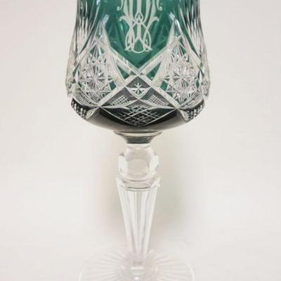 1025	LARGE HEAVY GREEN CUT TO CLEAR CUT GLASS CHALICE, APPROXIMATELY 12 IN HIGH
