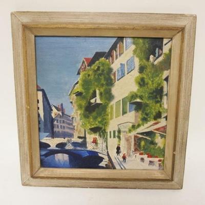 1058	OIL PAINTING ON BOARD STREET SCENE APPROXIMATELY 12 IN X 13 IN
