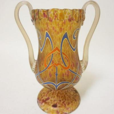 1065	ART GLASS SCHLIERSEE SPATTER VASE W/2 APPLIED REEDED HANDLES & PAINT DECORATED W/NUMBERS ON POLISHED PONTIL, 3241-934
