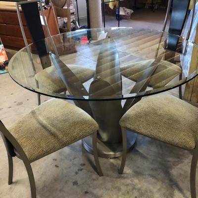 48â€ round glass & chrome kitchen table & four upholstered chairs