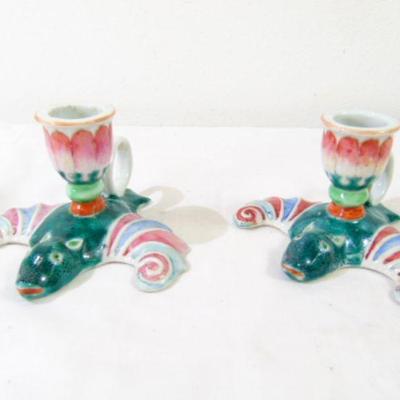 Pair of vintage hand-painted porcelain candle holders 