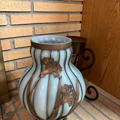 large blown glass vase with copper wrap $30