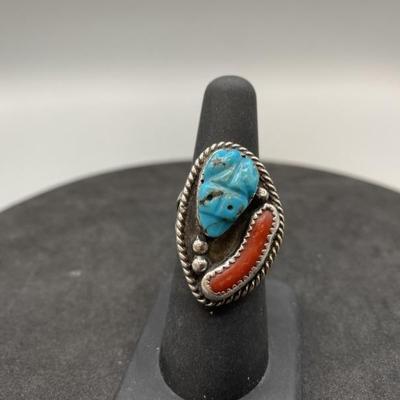 Navajo 925 Silver Turquoise & Coral Ring, Size 7