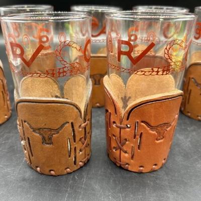 (6) Ranch Bar Glasses in Leather Longhorn Coozies