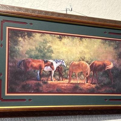 Five Grazing Horses in Lush Forest Setting Litho