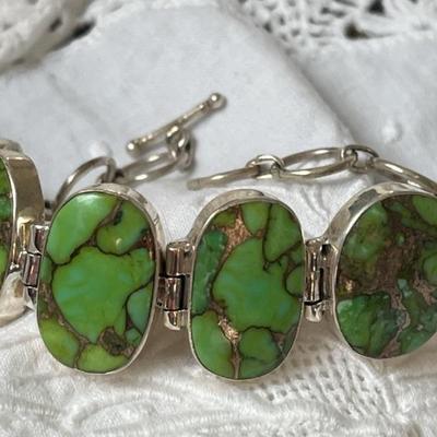 Sterling Silver & Green Turquoise Linked Bracelet
