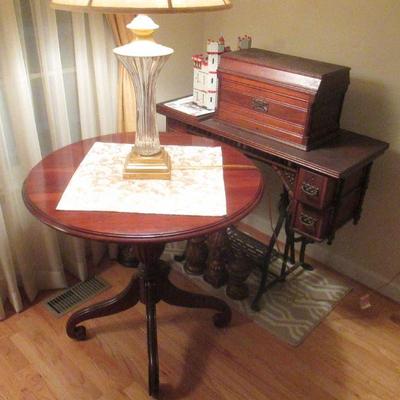 Mahogany Pie Table and Vintage Sewing Machine 