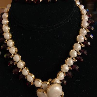 Crown Trifari Pearl Simulated Rubies, Necklace, Bracelet, Earrings