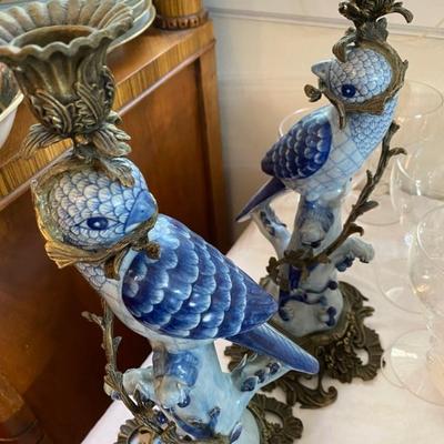 Chinese CloisonnÃ© Pair Candle Holders, Blue Parrots