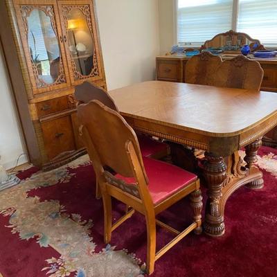 Art Deco (1920's) Waterfall Dining Room Table Carved Detail, Leaf, With 5 Side Chairs