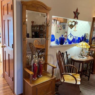 Wood hall tree with mirror, hooks and bench seat storage