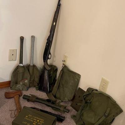 Vintage WW2 military items: shovels, backpacks, ammo box, pick axe, etc 