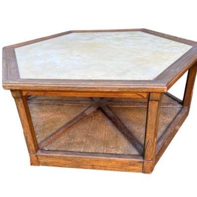 Vintage Midcentury Modern Hexagonal Marble Top Table with Caned Bottom