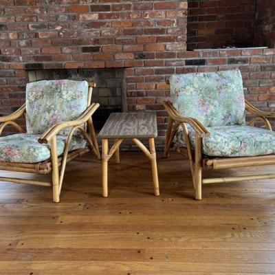 Pair of Midcentury Bent Bamboo Armchairs with End Table