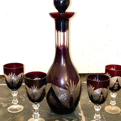 Ruby cut to clear decanter and stems