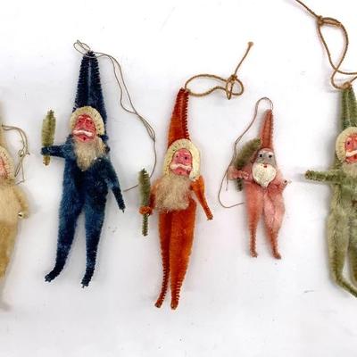 Vtg. Japanese chenille pipe cleaner Santa Christmas ornaments with clay faces