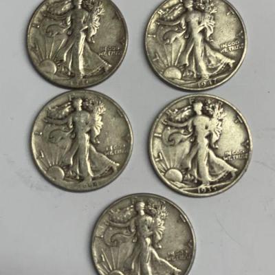 #492  5 - Walking Liberty Silver Half Dollars