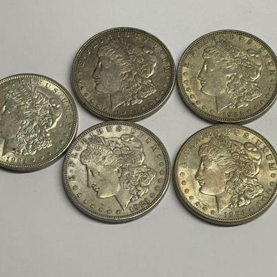 #491  5 - 1921 Morgan Silver Dollars