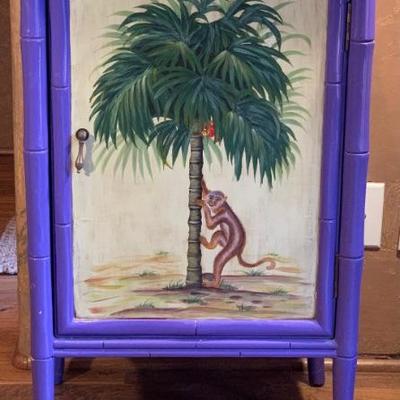 Vintage Painted Dimnutive Cabineet with Monkey and Palm Tree